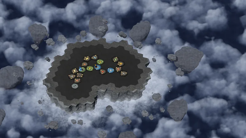 A Master Quest board: hexagonal tiles laid on a floating rock island above the clouds.